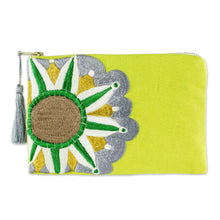 Load image into Gallery viewer, Sun Motif Embroidered Chartreuse Cotton Cosmetic Bag - Golden Lime Sunshine | NOVICA
