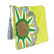 Load image into Gallery viewer, Sun Motif Embroidered Chartreuse Cotton Cosmetic Bag - Golden Lime Sunshine | NOVICA
