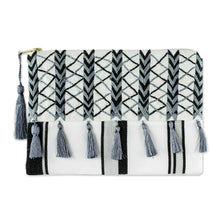 Load image into Gallery viewer, Black &amp; Grey Embroidered White Cotton Cosmetic Bag - Monochrome Zigzags | NOVICA
