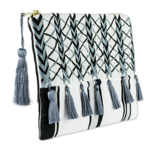 Load image into Gallery viewer, Black &amp; Grey Embroidered White Cotton Cosmetic Bag - Monochrome Zigzags | NOVICA
