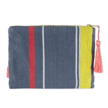 Load image into Gallery viewer, Pink and Yellow Embroidered Grey Cotton Cosmetic Bag - Pink Zigzags | NOVICA
