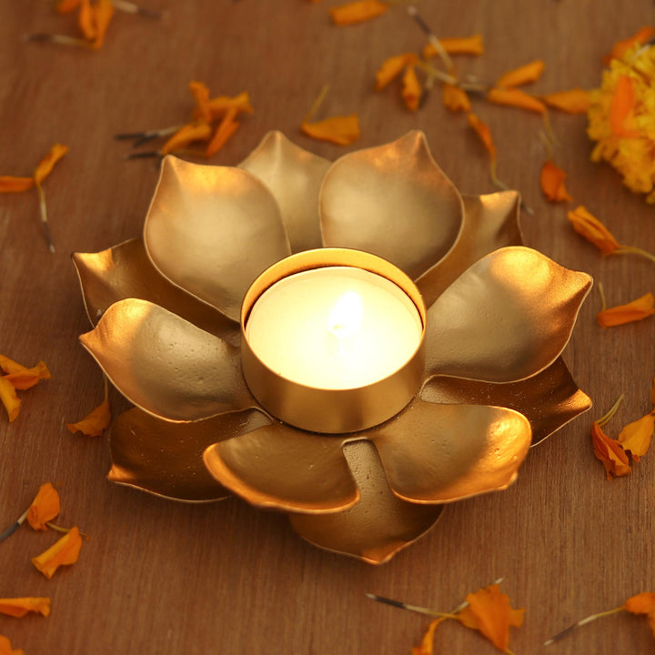 Gold Finish Steel Lotus Blossom Tealight Candleholder - Golden Lotus Glow | NOVICA