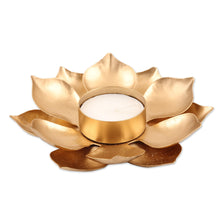 Load image into Gallery viewer, Gold Finish Steel Lotus Blossom Tealight Candleholder - Golden Lotus Glow | NOVICA

