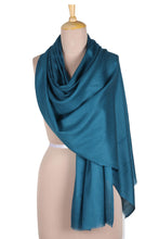 Load image into Gallery viewer, Woven Wool and Silk Teal Shawl from India - Teal Appeal | NOVICA
