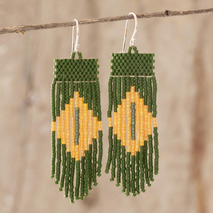 Green and Yellow Beaded Waterfall Earrings - Chameleon Charm | NOVICA