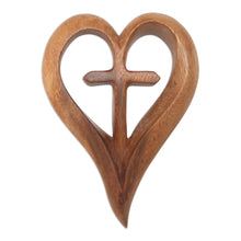 Load image into Gallery viewer, Hand Carved Suar Wood Relief Panel Heart Cross - Cross My Heart | NOVICA
