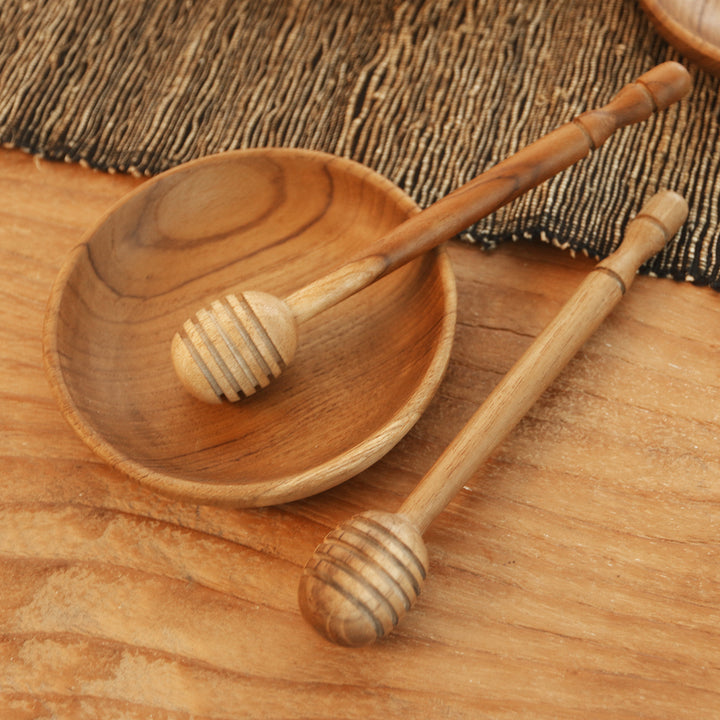 Handmade Teak Wood Honey Dippers from Bali (Pair) - Sweet Treat | NOVICA