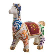 Load image into Gallery viewer, Multicolored Llama Ceramic Figurine - Chullo Llama in White | NOVICA
