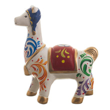 Load image into Gallery viewer, Multicolored Llama Ceramic Figurine - Chullo Llama in White | NOVICA
