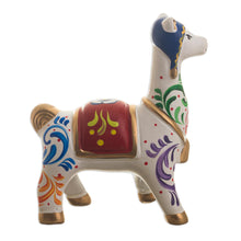 Load image into Gallery viewer, Multicolored Llama Ceramic Figurine - Chullo Llama in White | NOVICA
