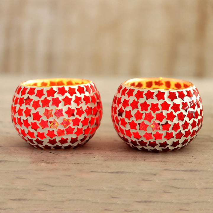 Red Star Glass Mosaic Tealight Holders (Pair) - Burning Stars | NOVICA