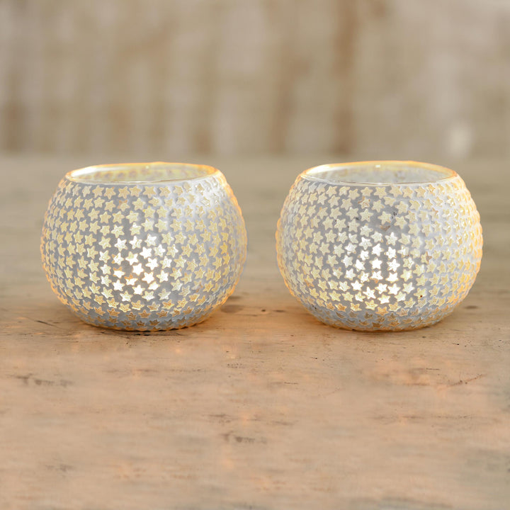 White Star Glass Mosaic Tealight Holders (Pair) - Festive Stars | NOVICA