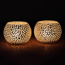 Load image into Gallery viewer, White Star Glass Mosaic Tealight Holders (Pair) - Festive Stars | NOVICA
