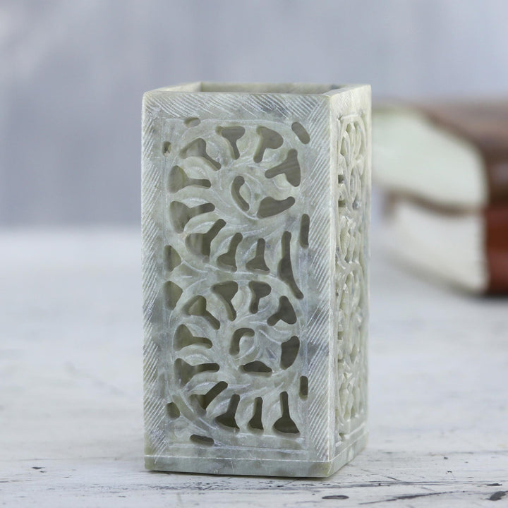 Hand Carved Soapstone Pen Holder from India - Office Order | NOVICA