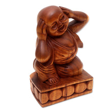 Load image into Gallery viewer, Hand Made Suar Wood Buddha Sculpture - Hear No Evil | NOVICA
