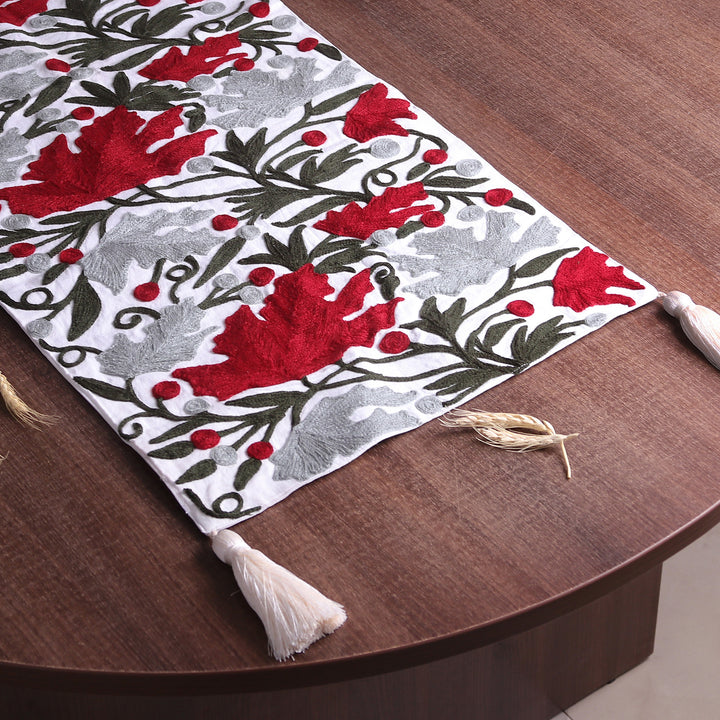 Hand Woven Cotton Table Runner with Floral Motif - Beauty of Kashmir | NOVICA