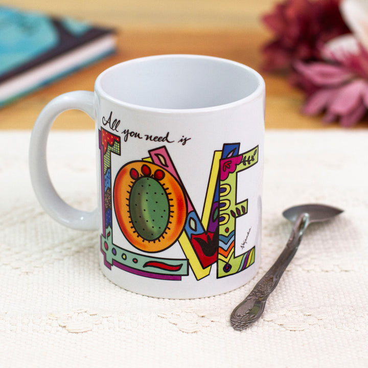 Printed Ceramic Mug with Love Motif - All You Need is Love | NOVICA