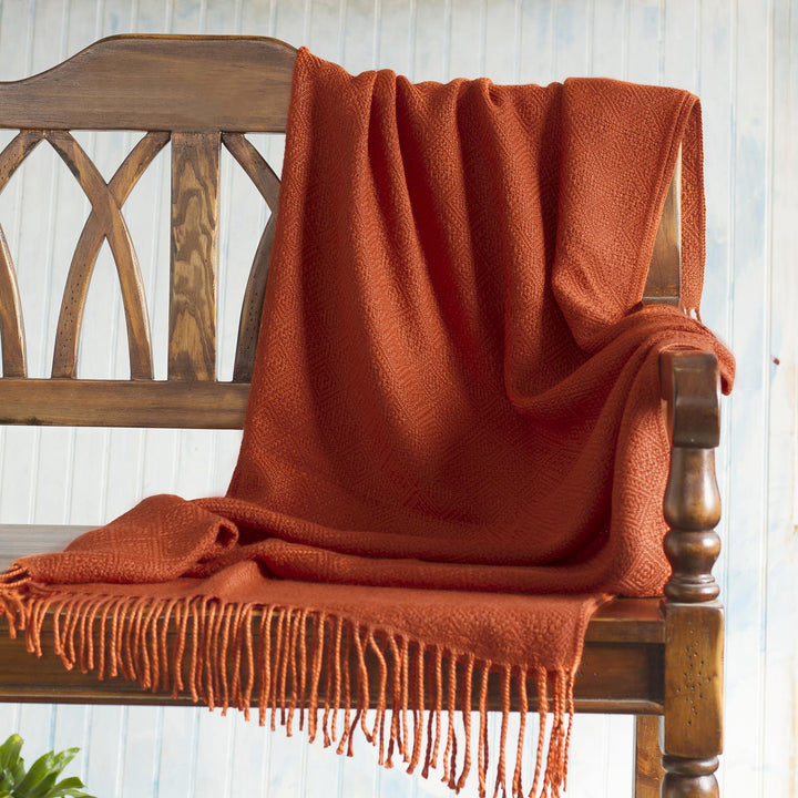 Orange Acrylic and Alpaca Blend Throw Blanket - Diamond Mine in Flame | NOVICA