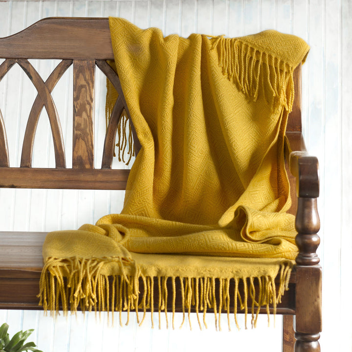 Diamond-Patterned Acrylic Alpaca Blend Throw Blanket - Diamond Mine in Gold | NOVICA