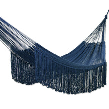 Load image into Gallery viewer, Fringed Navy Cotton Rope Hammock (Double) From Mexico - Yucatan Dreams | NOVICA
