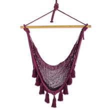 Load image into Gallery viewer, Tasseled Cotton Rope Mayan Hammock Swing in Wine from Mexico - Ocean Seat in Bordeaux | NOVICA
