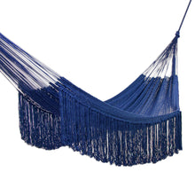 Load image into Gallery viewer, Fringed Navy Blue Cotton Hammock from Mexico (Triple) - Navy Blue Cascade | NOVICA
