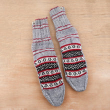 Load image into Gallery viewer, Thick Slipper Style Hand-Knit Calf-Length Grey Winter Socks - Winter Festivity | NOVICA

