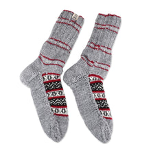 Load image into Gallery viewer, Thick Slipper Style Hand-Knit Calf-Length Grey Winter Socks - Winter Festivity | NOVICA
