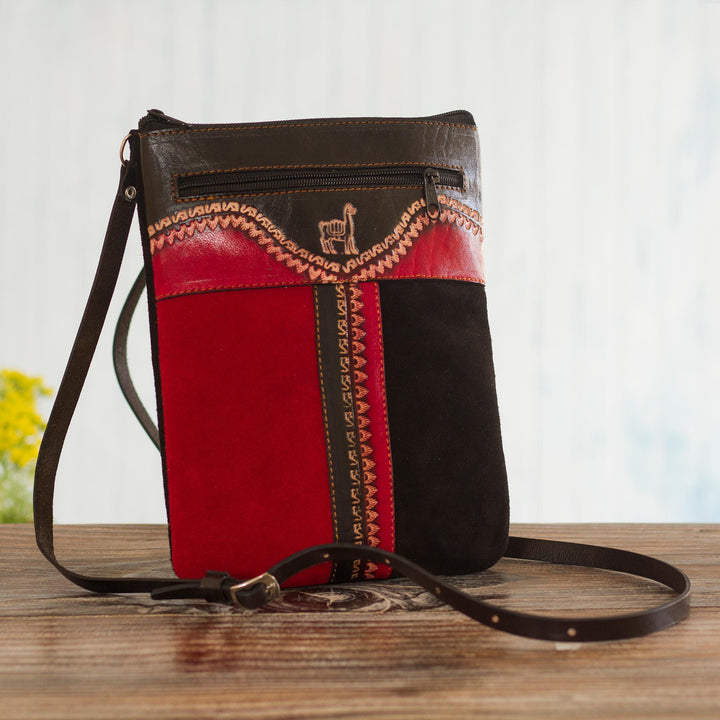 Llama-Themed Red and Black Suede Leather Sling from Peru' - Cusco Llama | NOVICA