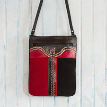 Load image into Gallery viewer, Llama-Themed Red and Black Suede Leather Sling from Peru' - Cusco Llama | NOVICA
