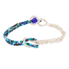 Load image into Gallery viewer, Glass Bead Knotted Bracelet in Aqua and Gold from Guatemala - Divine Union in White and Blue | NOVICA
