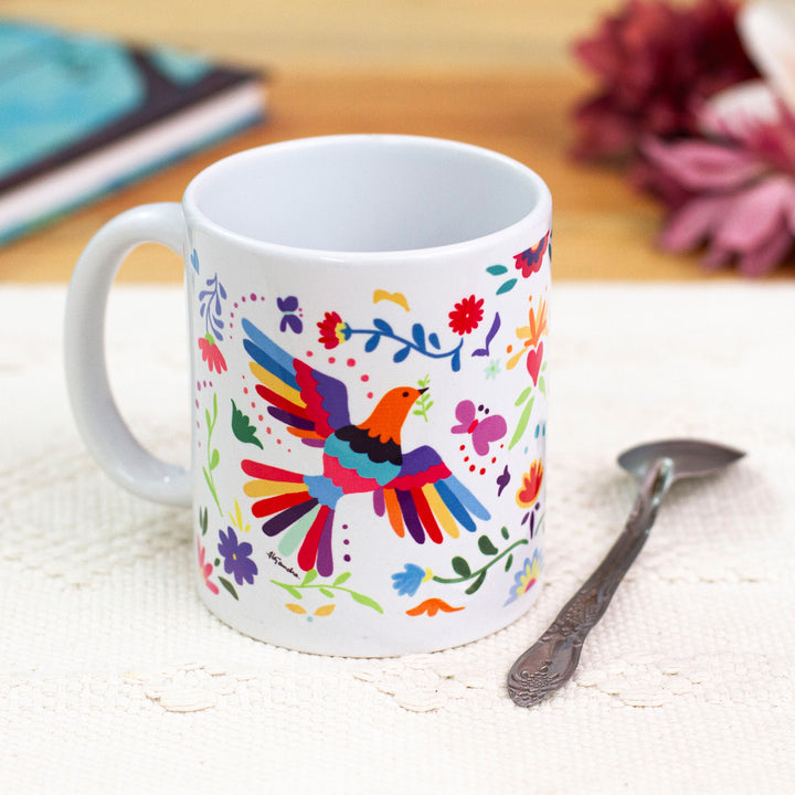 Artisan Crafted Otomi Birds and Flowers Motif Ceramic Mug - Otomi Morning | NOVICA