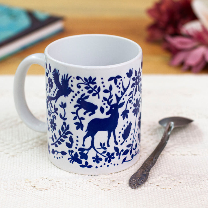 Artisan Crafted Otomi Blue Birds and Flowers Ceramic Mug - Blue Otomi  | NOVICA