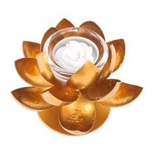 Load image into Gallery viewer, Steel and Gold Foil Lotus Tealight Holder - Lovely Lotus | NOVICA
