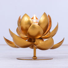 Load image into Gallery viewer, Steel and Gold Foil Lotus Tealight Holder - Lovely Lotus | NOVICA
