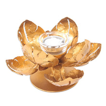 Load image into Gallery viewer, Hand Cut Steel and Gold Foil Lotus Tealight Holder - Blessed Lotus | NOVICA
