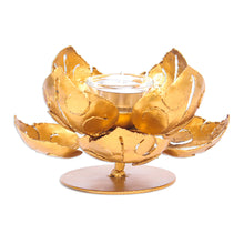Load image into Gallery viewer, Hand Cut Steel and Gold Foil Lotus Tealight Holder - Blessed Lotus | NOVICA
