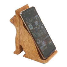 Load image into Gallery viewer, Hand Made Jempinis Wood Cat Phone Stand - Dialing Cat | NOVICA
