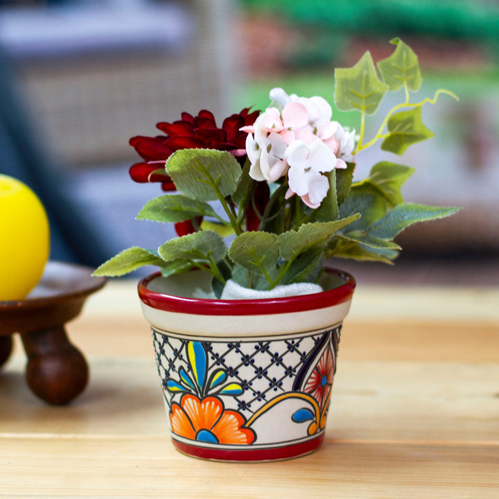 Talavera-Style Ceramic Flower Pot (4.7 Inch Diameter) - Colorful Mercado | NOVICA