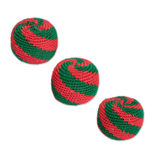Load image into Gallery viewer, Set of 3 Handcrafted Cotton Hacky Sacks in Emerald and Red - Emerald Fun | NOVICA
