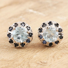 Load image into Gallery viewer, Rhodium-Plated Blue Topaz and Sapphire Stud Earrings - Blue Fire | NOVICA
