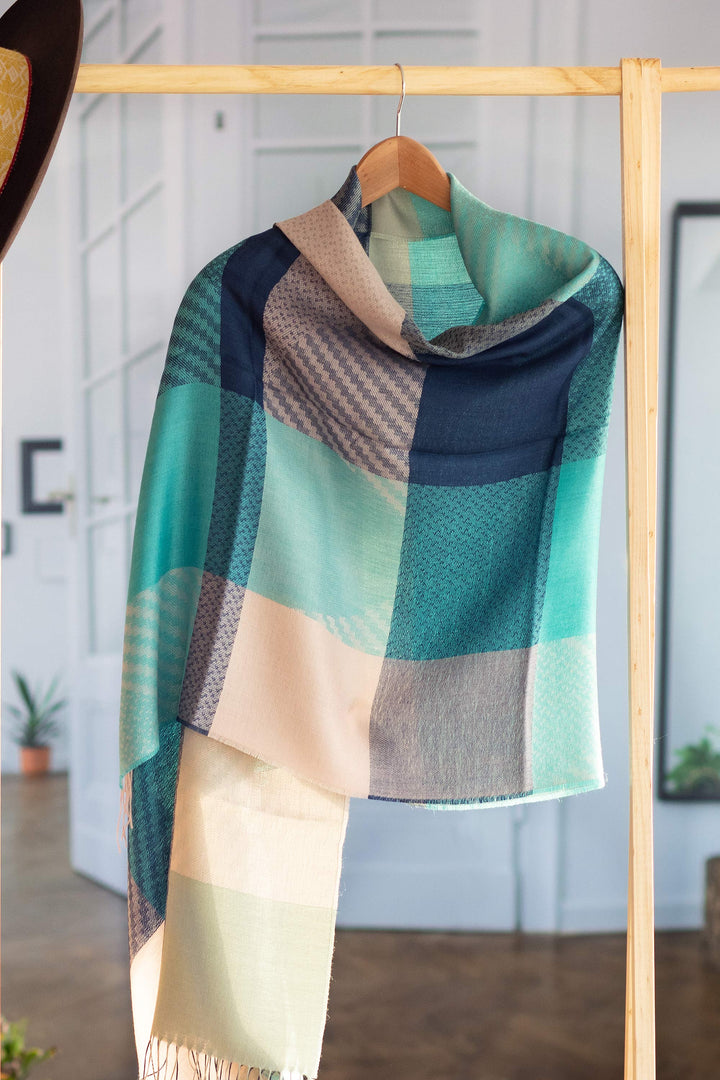 Color Block Baby ALpaca and SIlk Shawl in Blues and Green - Soft Sweet Blues | NOVICA