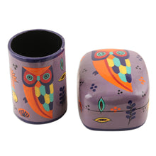 Load image into Gallery viewer, Hand Painted Papier Mache Pen Holder - Owl Story in Dusty Lavender | NOVICA
