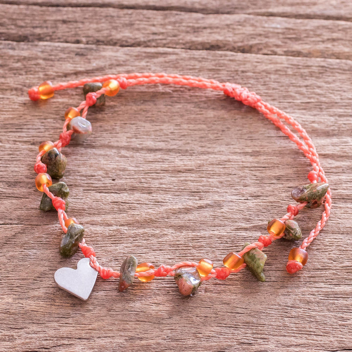 Beaded Unakite Charm Bracelet - Melon Heart | NOVICA