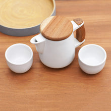 Load image into Gallery viewer, Handcrafted Ceramic and Teak Wood Tea Set (Set for 2) - Midday Tea in White | NOVICA
