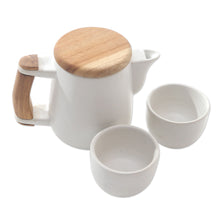 Load image into Gallery viewer, Handcrafted Ceramic and Teak Wood Tea Set (Set for 2) - Midday Tea in White | NOVICA
