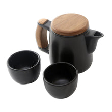 Load image into Gallery viewer, Black Ceramic and Teak Wood Tea Set (Set for 2) - Midday Tea in Black | NOVICA
