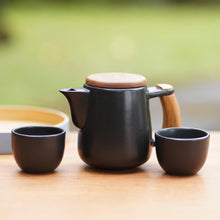 Load image into Gallery viewer, Black Ceramic and Teak Wood Tea Set (Set for 2) - Midday Tea in Black | NOVICA
