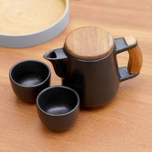 Load image into Gallery viewer, Black Ceramic and Teak Wood Tea Set (Set for 2) - Midday Tea in Black | NOVICA
