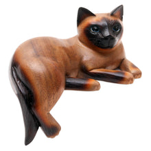 Load image into Gallery viewer, Signed Suar Wood Cat Statuette from Bali - Overthinking Cat | NOVICA
